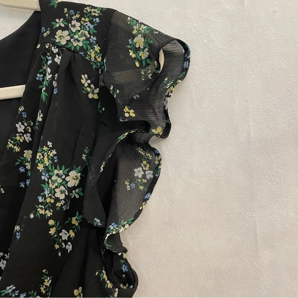 Banana Republic Black Floral Dress Flutter Sleeve V-Neck Cinch Dress - Picture 4 of 16